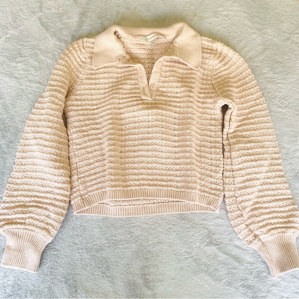 Anthropology Flat White Cropped Knit Polo Sweater Light Pink Women’s Sz Sm